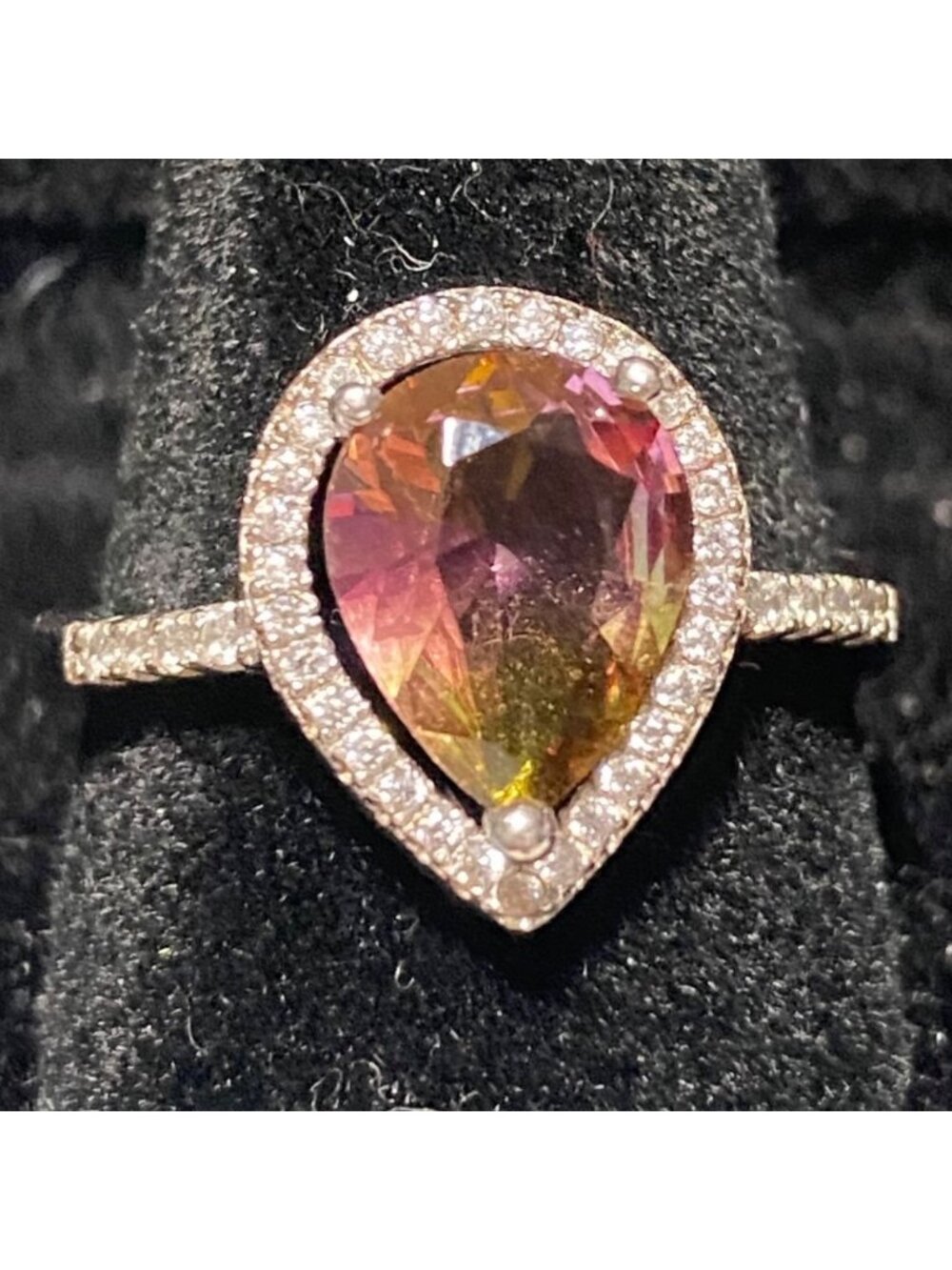Ring Tourmaline Size 8 Pear-Shaped Tourmaline Stone 10mm x 8mm 38 CZ Cubic Zirco